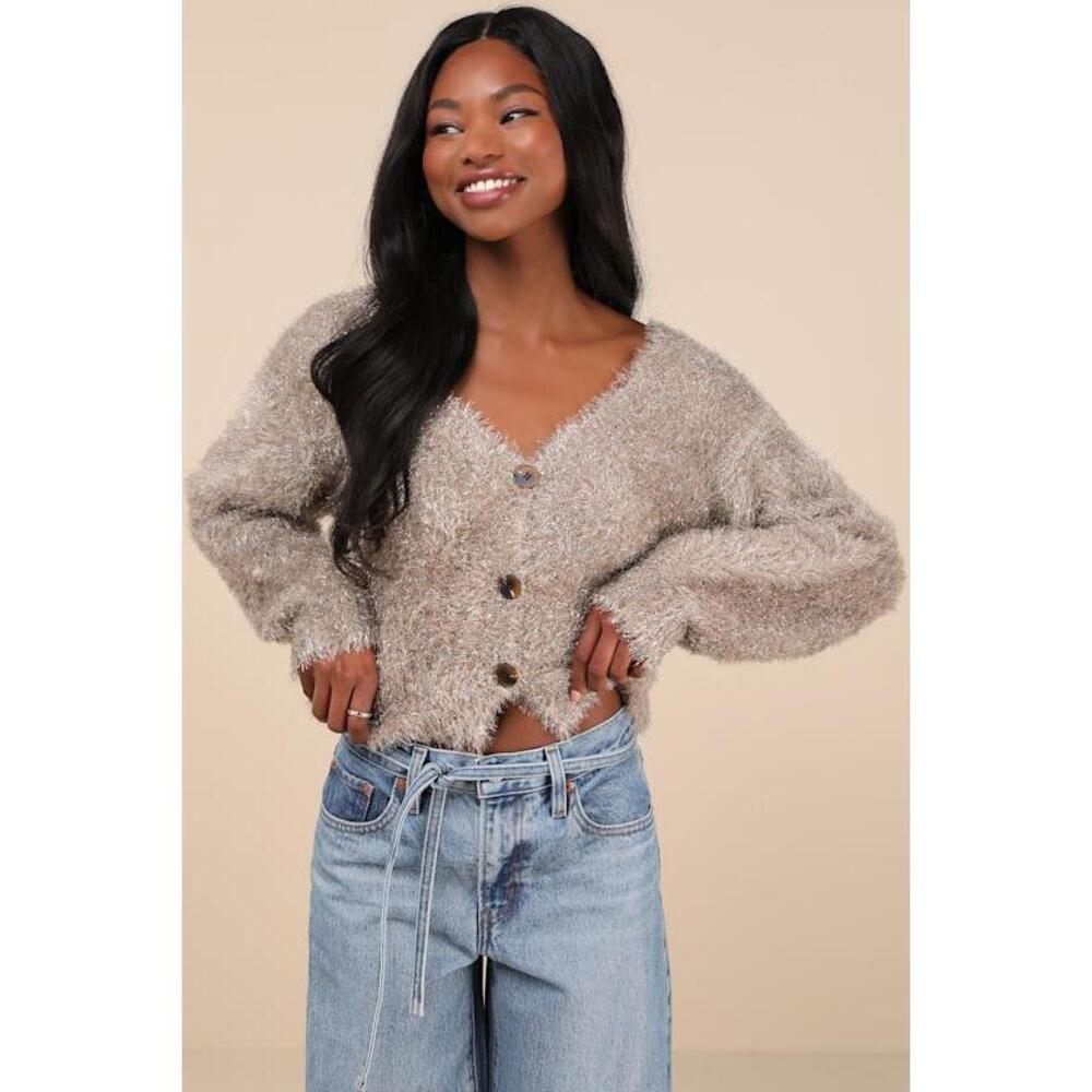 Lulus Snuggly Sparkle Taupe And Silver Eyelash Knit Cardigan - Size S